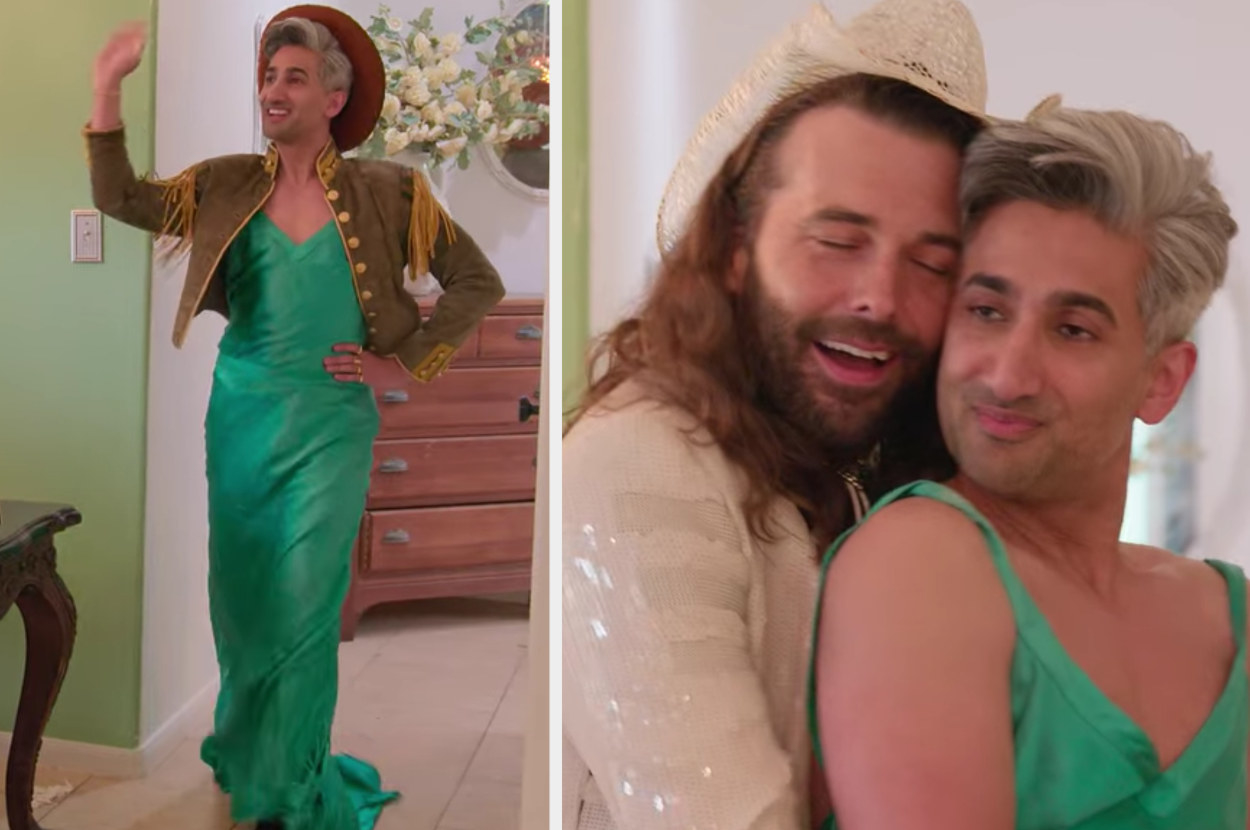 Tan tries on Terri&#x27;s silk green dress, military jacket and bolero hat, and receives and embrace from Jonathan Van Ness
