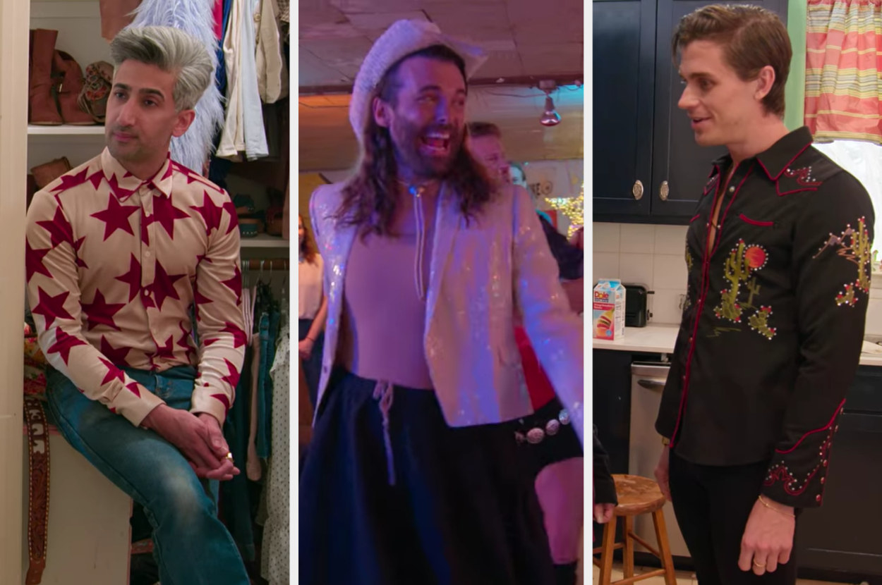Tan wears a starry button down shirt, Jonathan rocks a sequin blazer, and Antoni dons a Western top with intricate embroidery