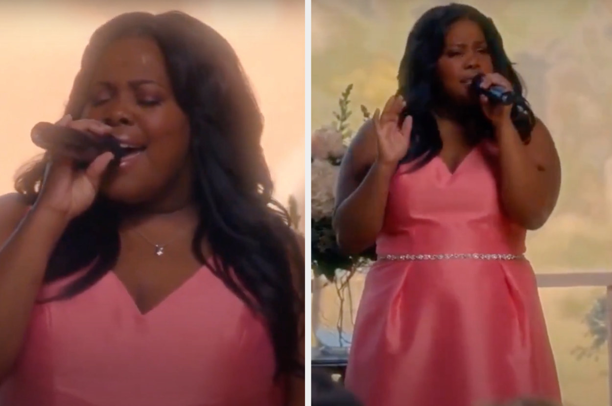 Mercedes performs "At Last" at Santana and Brittany's wedding while wearing a pink dress with a rhinestone belt