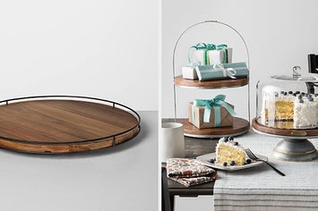A wooden lazy susan and a wooden cake stand 