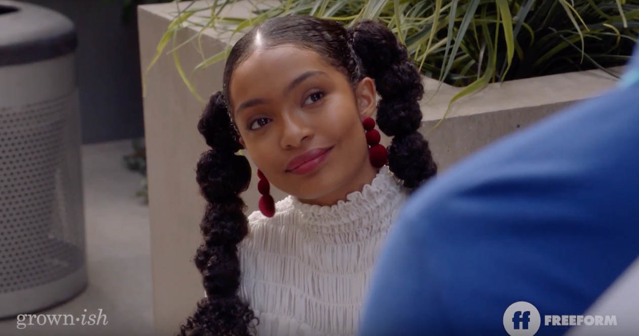 Yara Shahidi with two bubble braids as Zoey Johnson in &quot;Grown-Ish&quot;