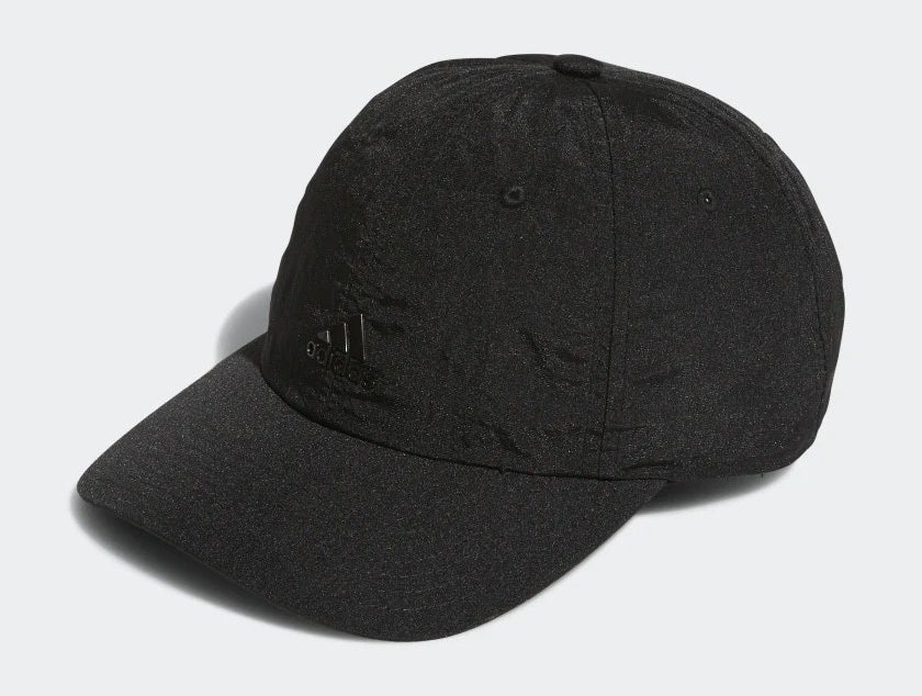 A black baseball hat with logo