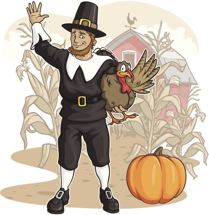 a cartoon pilgrim with a giant buckle on his hat, shoes, and belt waves