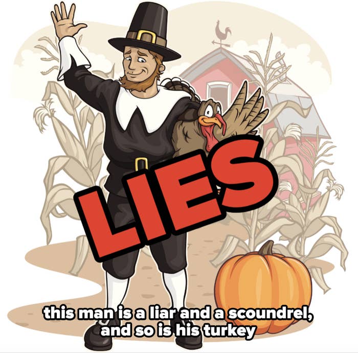 the same picture of a pilgrim, with the word LIES superimposed over it