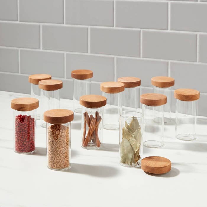 The spice jars on a counter