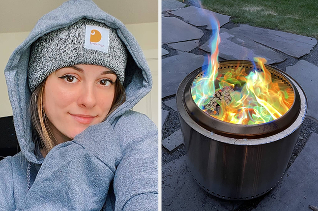 to the left: a reviewer in a carhartt beanie, to the right: a fireplace with colorful flames
