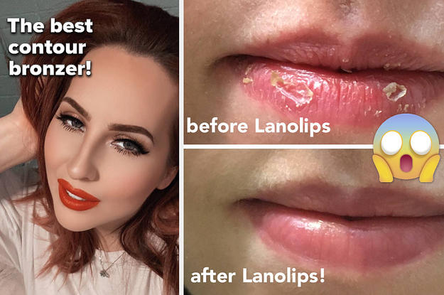 left image: reviewer wearing physician's formula butter bronzer, right image: reviewer before and after using lanolips balm