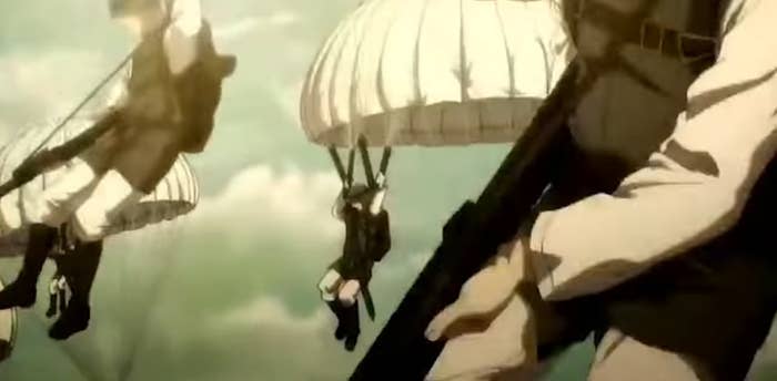 Marleyan soldiers parachuting down to attack Paradis and Eren&#x27;s Titan