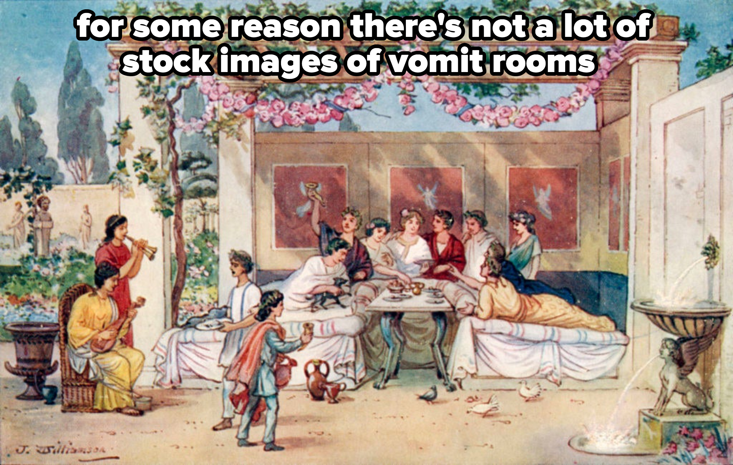 a Roman party, with caption: for some reason there&#x27;s not a lot of stock images of vomit rooms