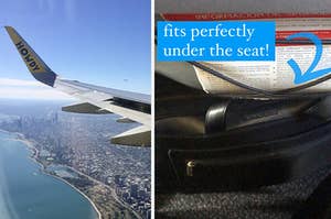 Left: Spirit flight with Chicago skyline; Right: Personal item under the seat