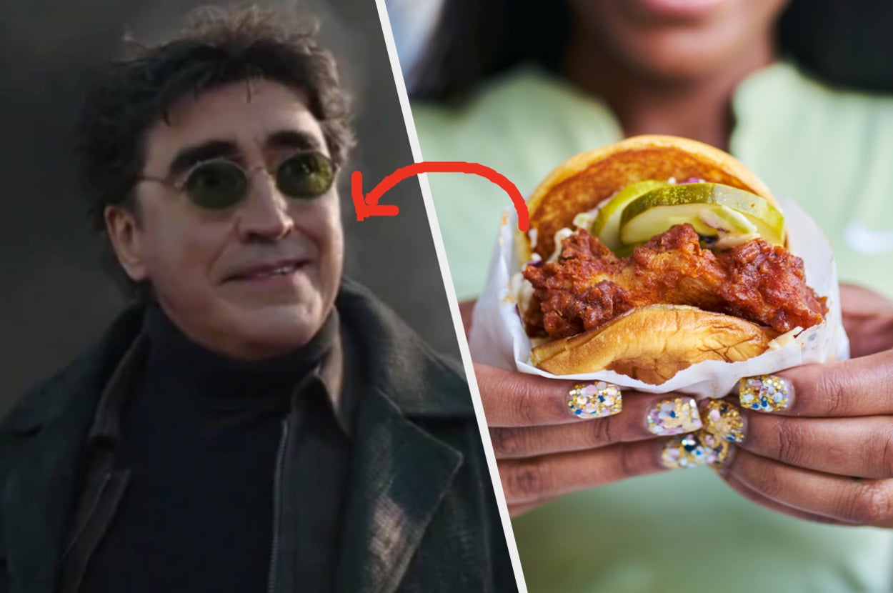 A close up of Doc Ock as he wears dark sunglasses and a woman holds a chicken sandwich with pickles on it