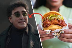 A close up of Doc Ock as he wears dark sunglasses and a woman holds a chicken sandwich with pickles on it