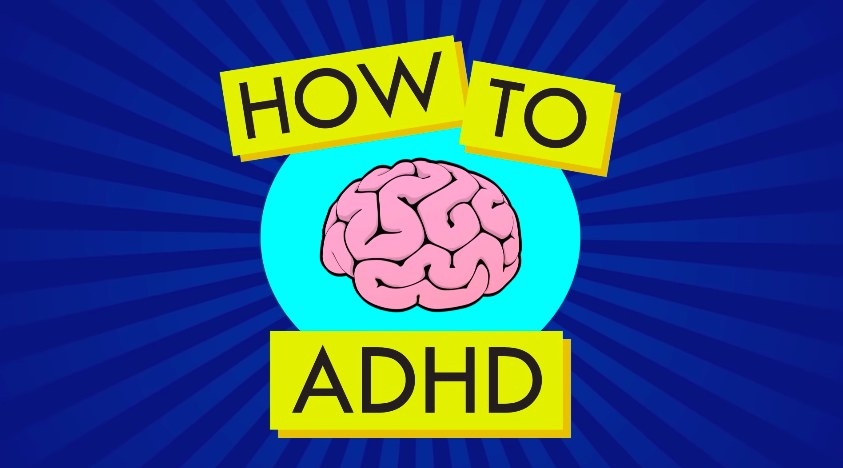 Block letters reading HOW TO ADHD with an illustration of a brain