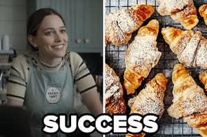 Love Quinn is in a bakery on the left with croissants on the right labeled, "success"