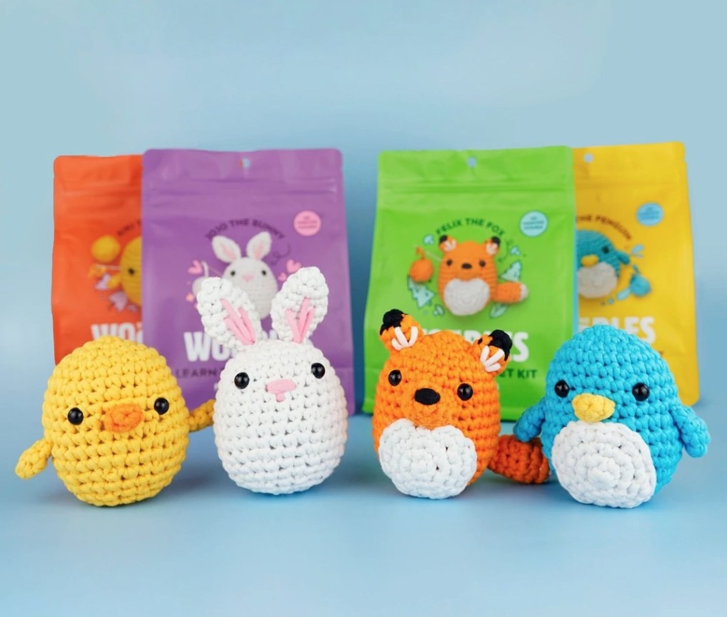 the beginner pack characters- a duck, bunny, fox and bird- all finished and lined up together