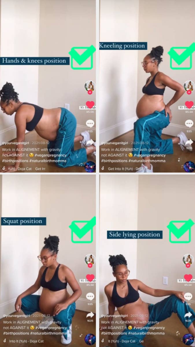 Screengrabs from Diyasha Jones&#x27; TikTok showing her in a hands-and-knees position, a kneeling position, a squatting position, and a side-lying position