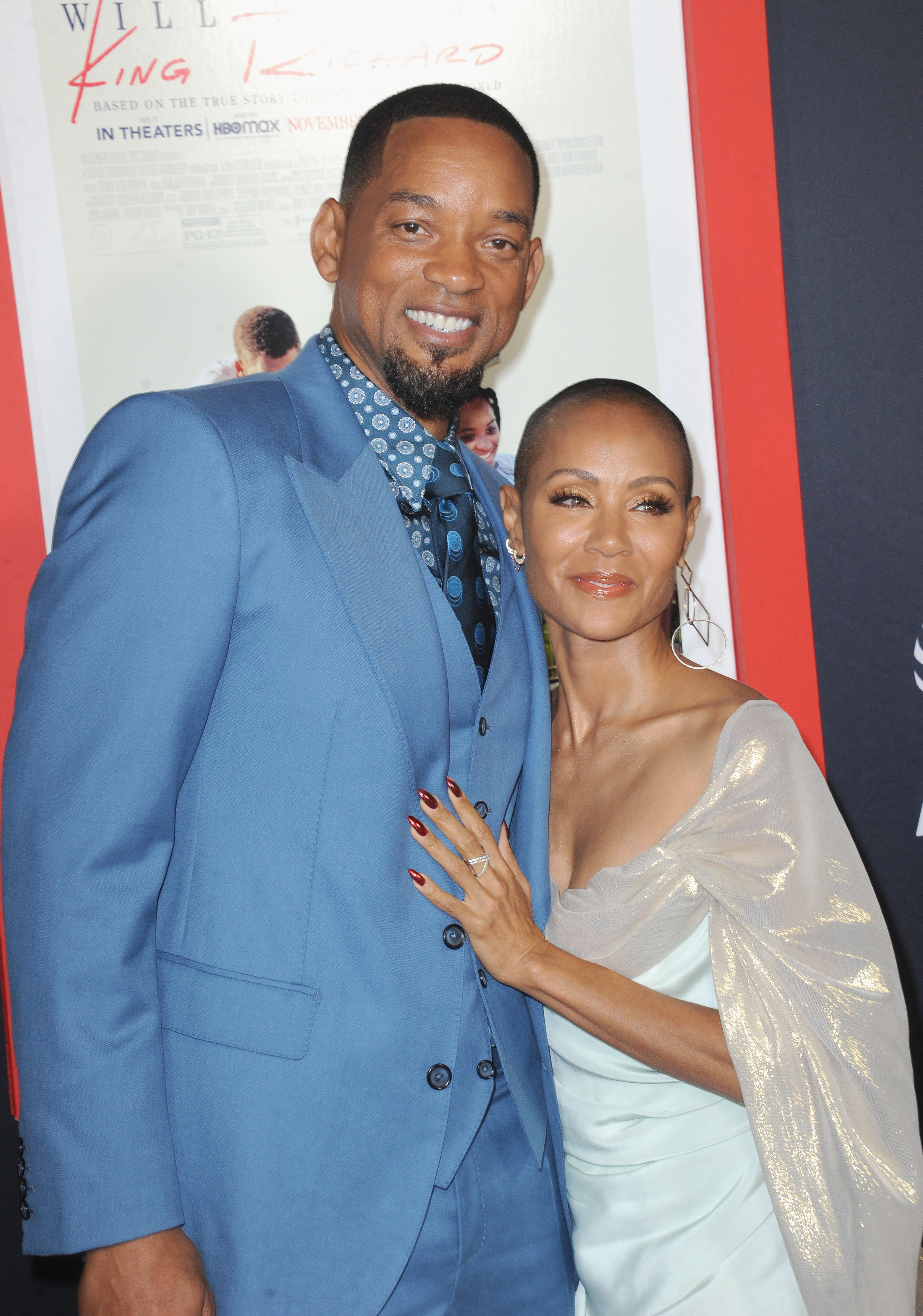 Will Smith and Jada Pinkett Smith pose at the premiere of &quot;King Richard&quot; on November 14, 2021