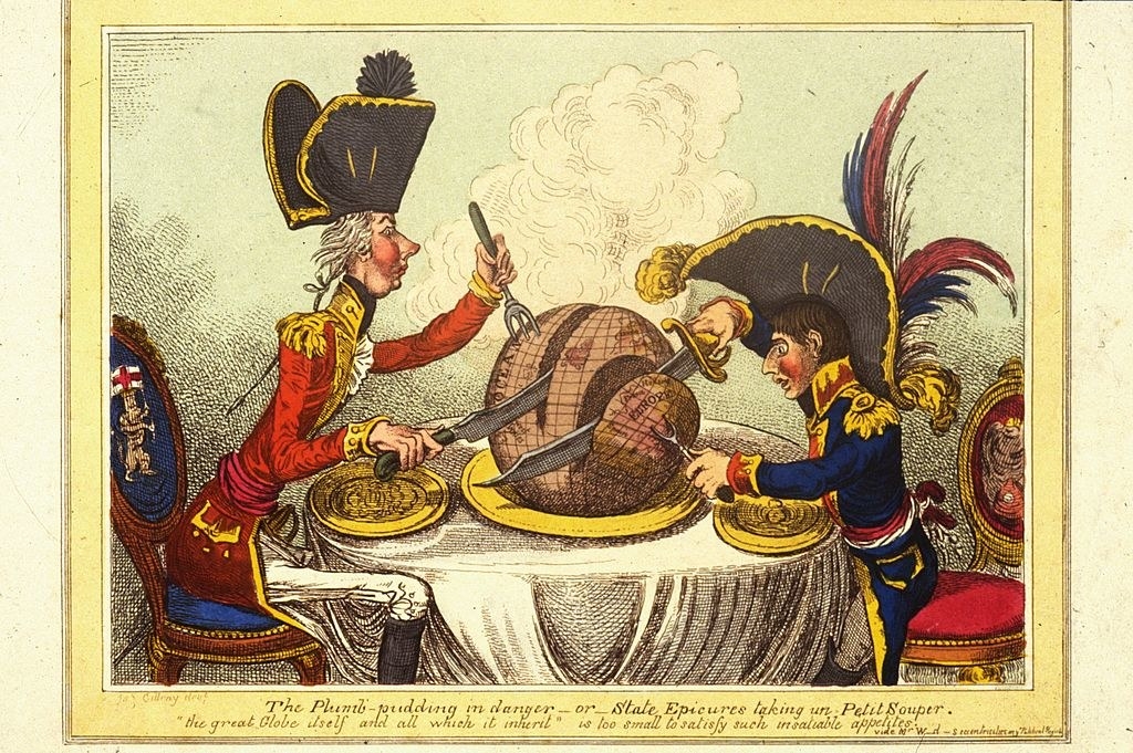 The famous political cartoon of the British and Napoleon carving up the world like it is a ham on a dinner table