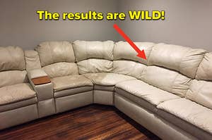 Reviewer's leather couch with half of it discolored and the other half restored its original look