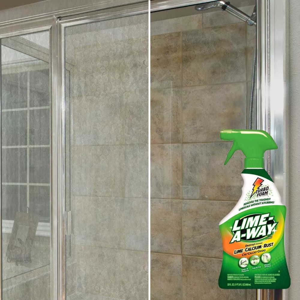A shower wall, before and after using Lime-A-Way