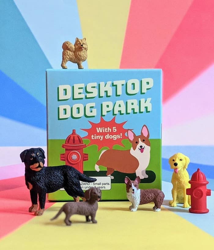 Several dog figurines and a fire hydrant in front of the desktop dog park box