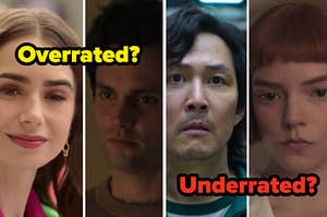 Characters from "You" and "Emily in Paris" are labeled "Overrated?" with characters from "Squid Game" and "Queen's Gambit" labeled, "Underrated?" 