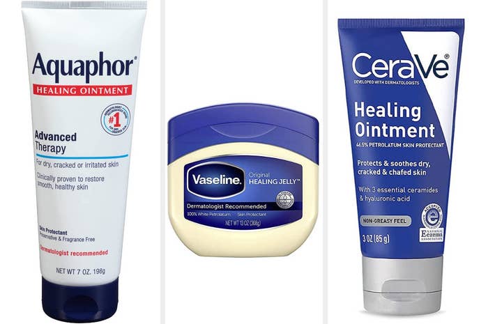 Left: A 7 oz bottle of Aquaphor Middle: A 13 oz container of Vaseline Right: A 3 oz bottle of Cerave Healing Ointment