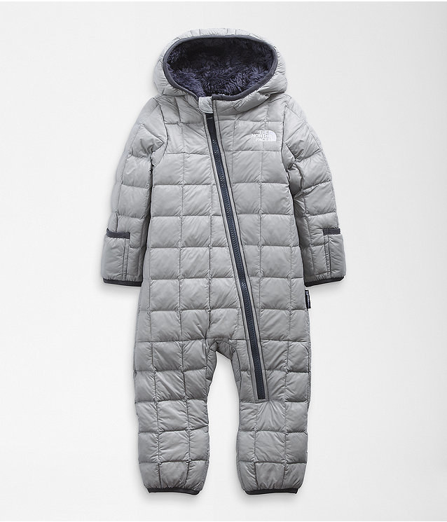 product image, gray infant snowsuit with asymmetrical zip and fleece-lined hood