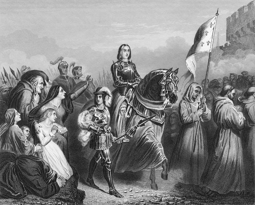 Joan of Arc riding into Orleans on horseback and in armor