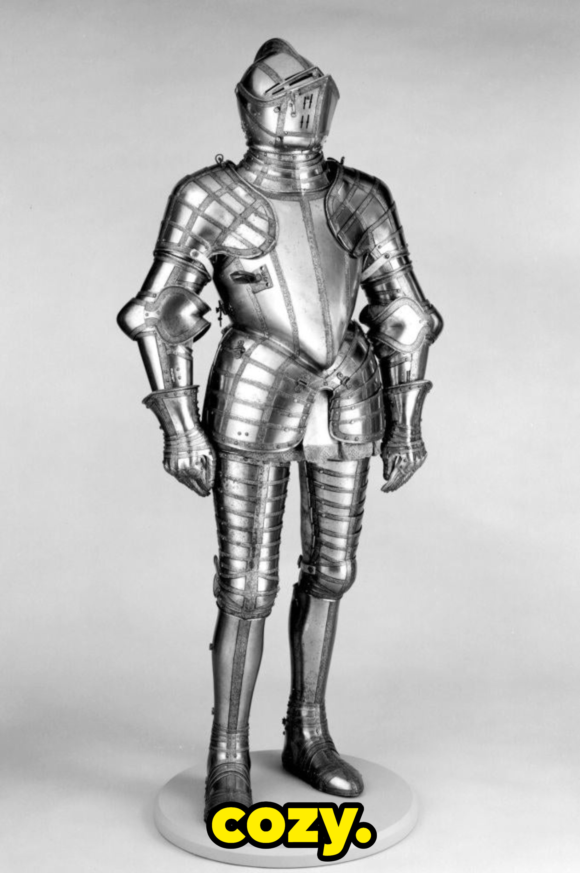 a suit of field armor, with caption: cozy