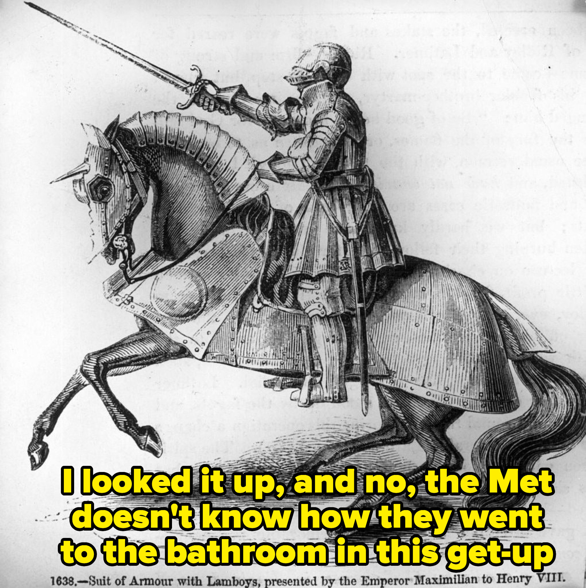 a knight on armor on horseback, with caption: I looked it up, and no, the Met doesn&#x27;t know how they went to the bathroom in this get-up