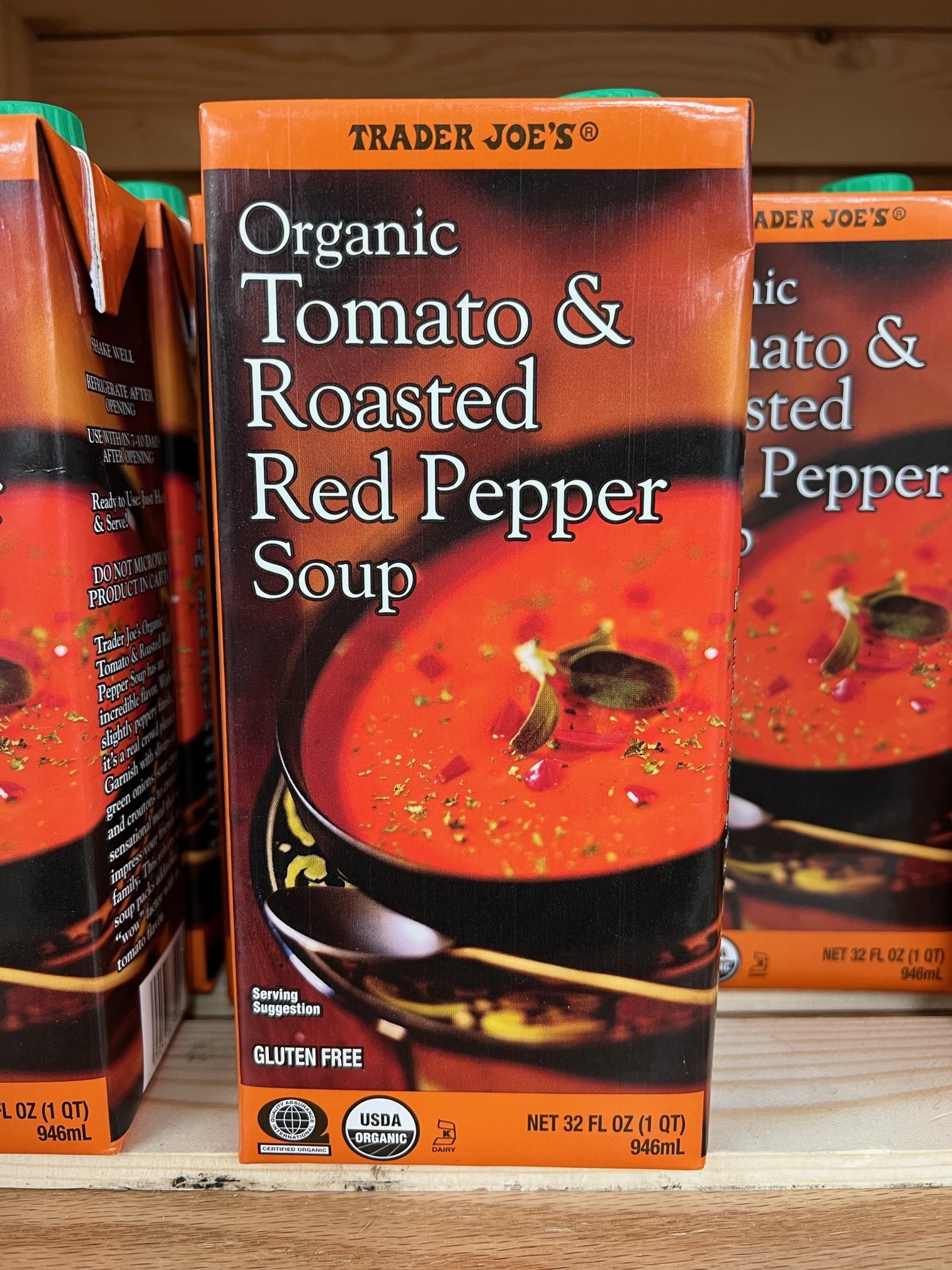 Cartons of tomato and roasted red pepper soup.