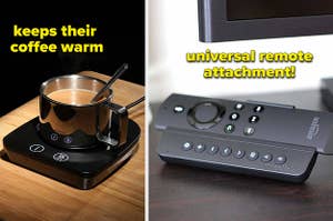 coffee warmer on the left and universal remote attachment on the right