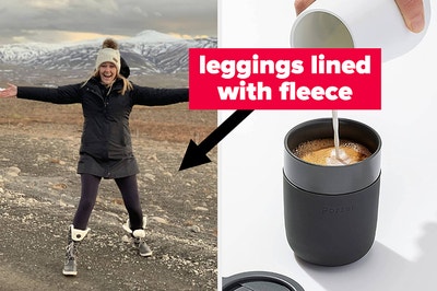 on left reviewer wearing fleece leggings and on right coffee being poured
