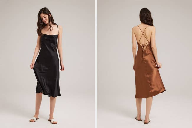 Models wearing black and brown dresses