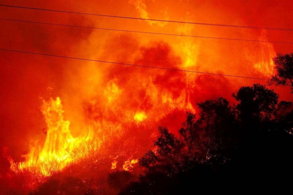 A fire on a hillside in California
