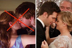 jim and pam kiss with a giant X drawn over their faces while leslie and ben are at their wedding almost kissing