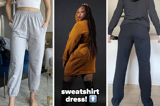 reviewer wearing light gray sweatpants / reviewer wearing a gold sweatshirt dress with text: sweatshirt dress! / back of reviewer wearing black sweatpants