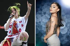 Billie Eilish is on the left pointing with Ariana Grande on the right posing