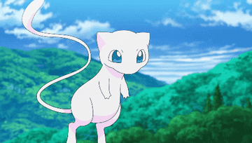 Mew flipping over and bringing its hands to its face