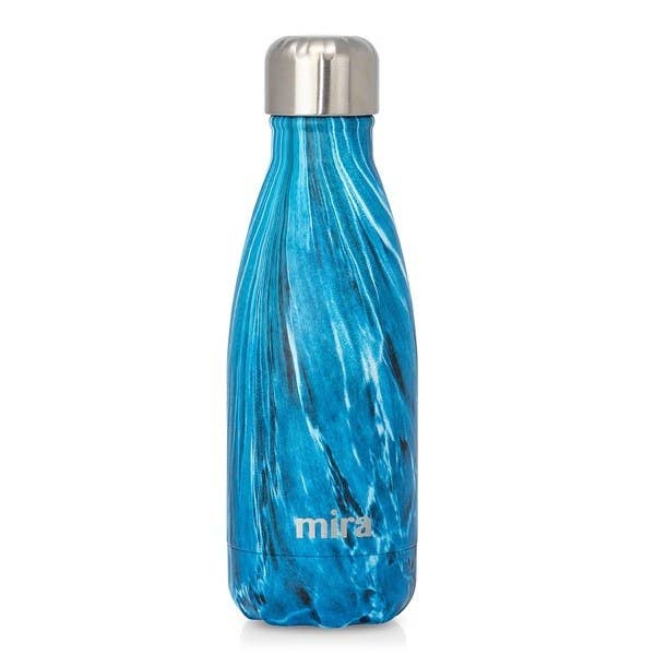 A Mira water bottle with a marbled blue pattern