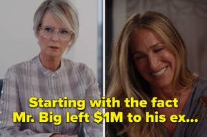Miranda and Carrie in "And Just Like That." Text reads: "Starting with the fact Mr. Big left one million dollars to his ex..."