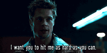 Brad Pitt as Tyler Durden says, &quot;I want you to hit me as hard as you can,&quot; in &quot;Fight Club&quot;