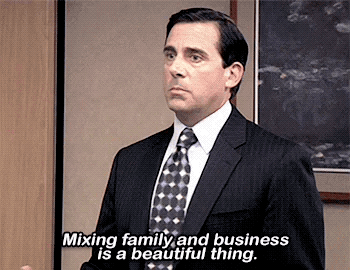 GIF of Michael Scott saying mixing family and business is a beautiful thing