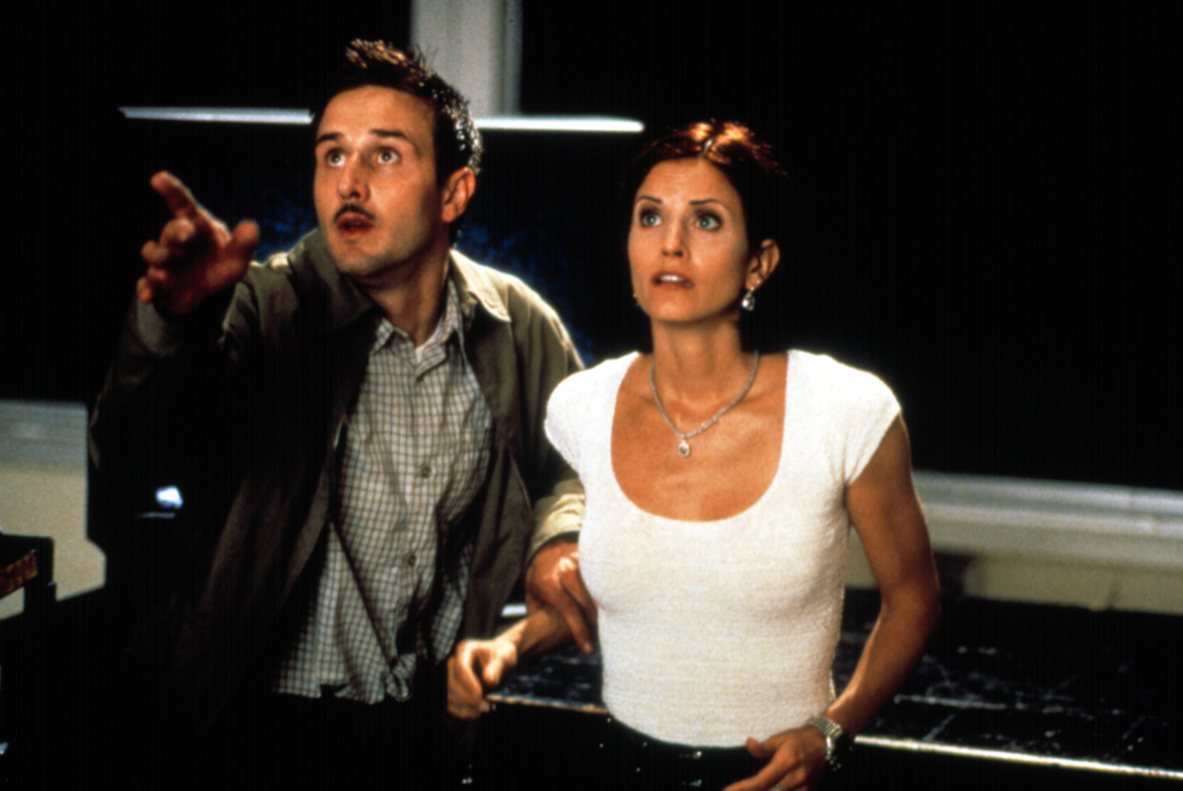 Courteney and David stand side by side in the movie and point to the distance