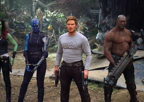 Gamora, Nebula, Quill, and Drax standing beside each other