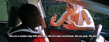 Hannibal Buress and Ilana Glazer as Lincoln and Ilana in &quot;Broad City,&quot; Ilana saying &quot;we are a modern day Will and Jada. We are open sex friends. We are poly. We are bi&quot;