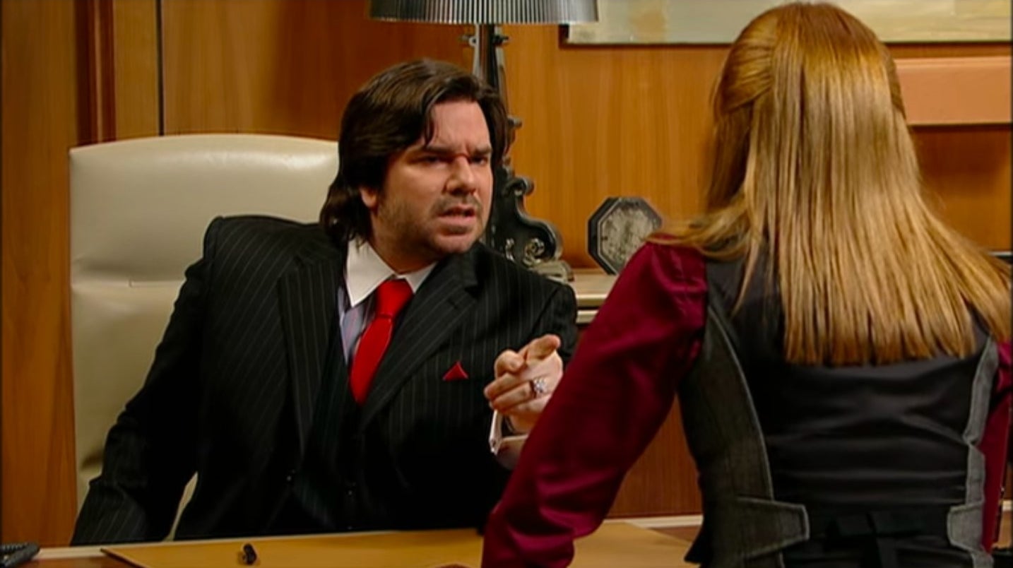 Douglas pointing at Jen at his desk in &quot;The IT Crowd&quot;