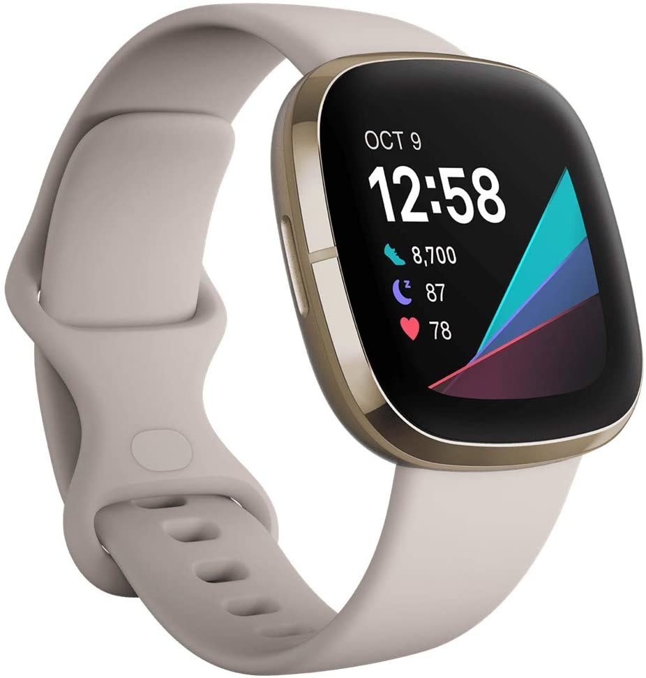 The Fitbit on a blank background with the time displayed on its face