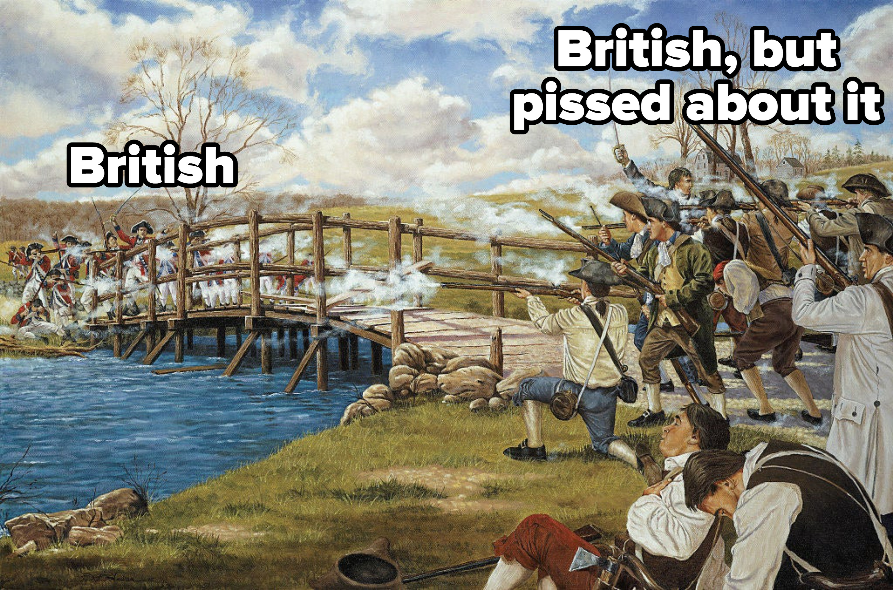 the battle of concord, with redcoats labelled as &quot;british&quot; and revolutionary fighters labelled as &quot;british, but mad about it&quot;
